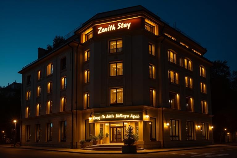 Zenith Stay hotel facade om aftenen med lys