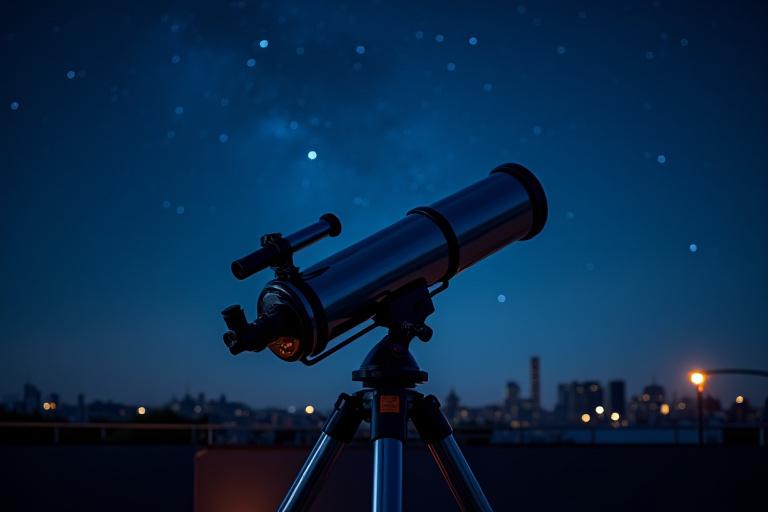 Professionelt teleskop på en tagterrasse under stjernehimmel